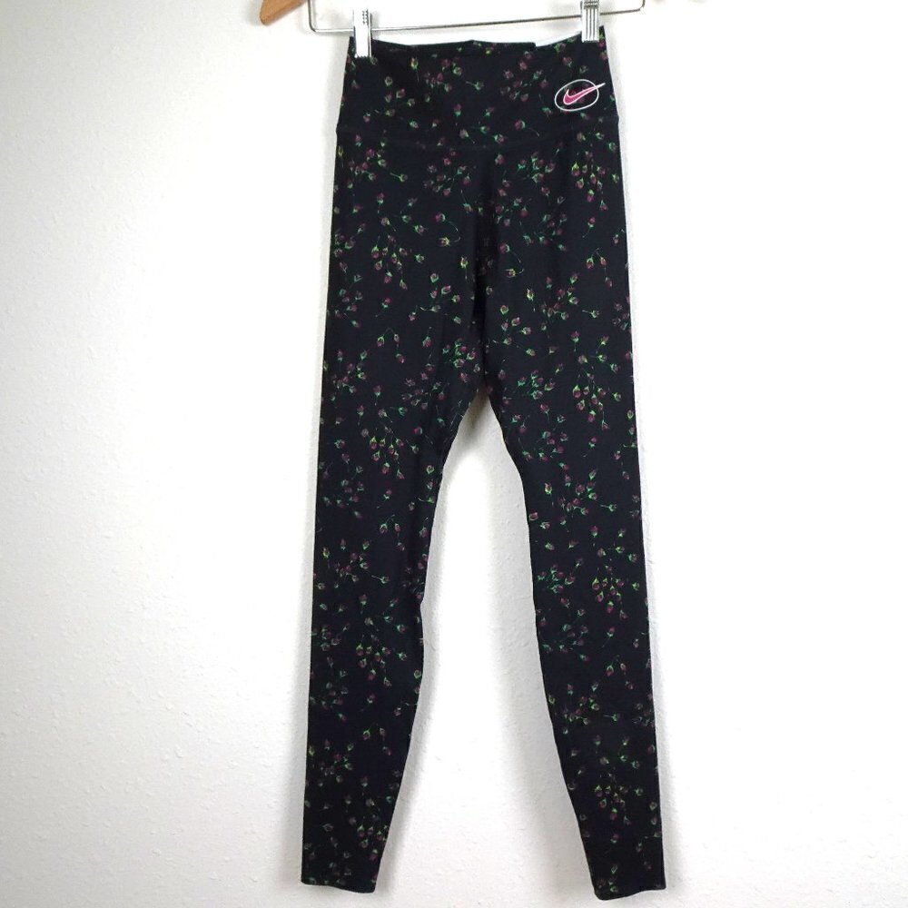 Nike One Luxe Leggings Women's Size XS Black Roses Dri-Fit Training